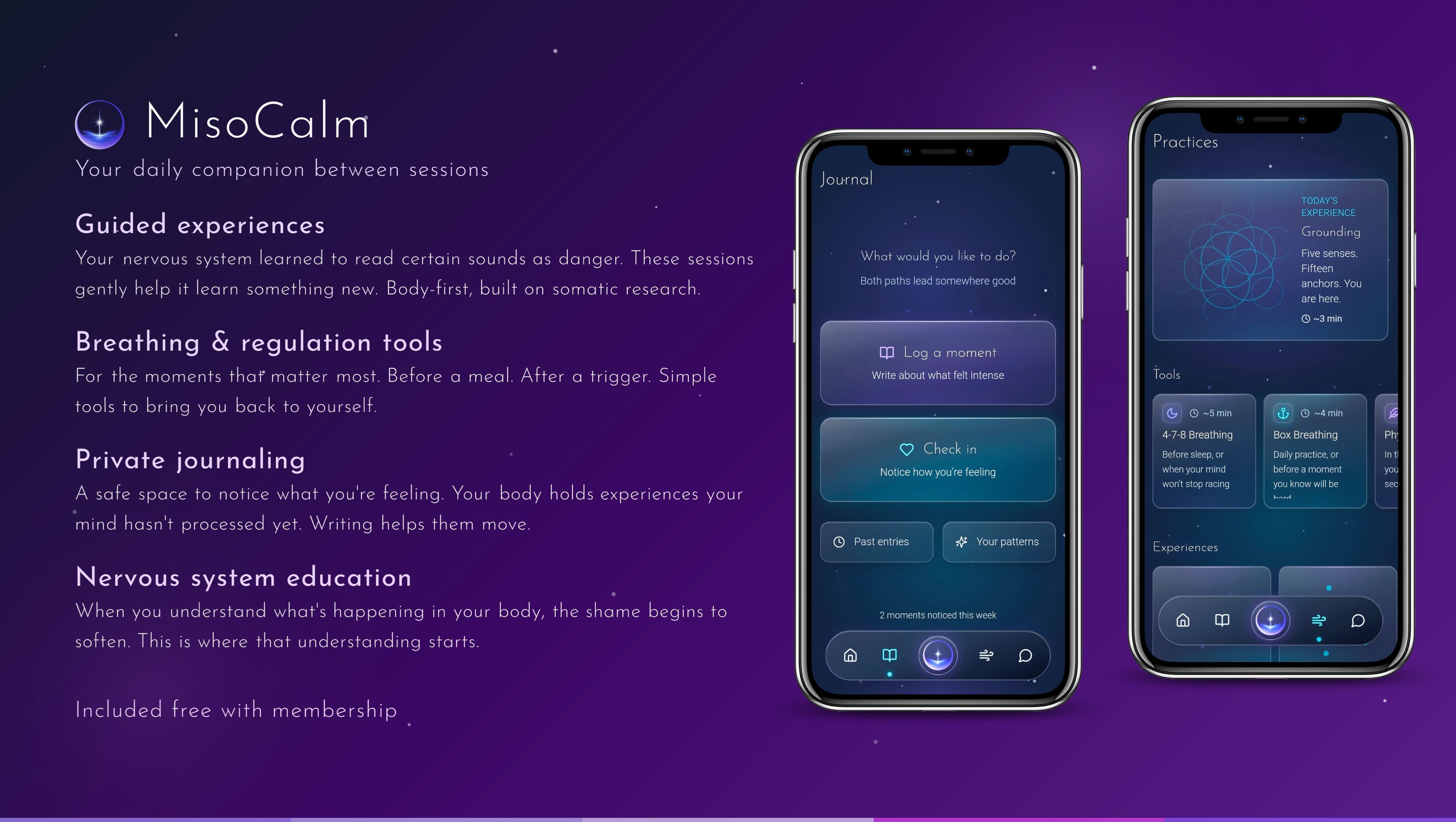 MisoCalm app showing the Journal and Practices screens